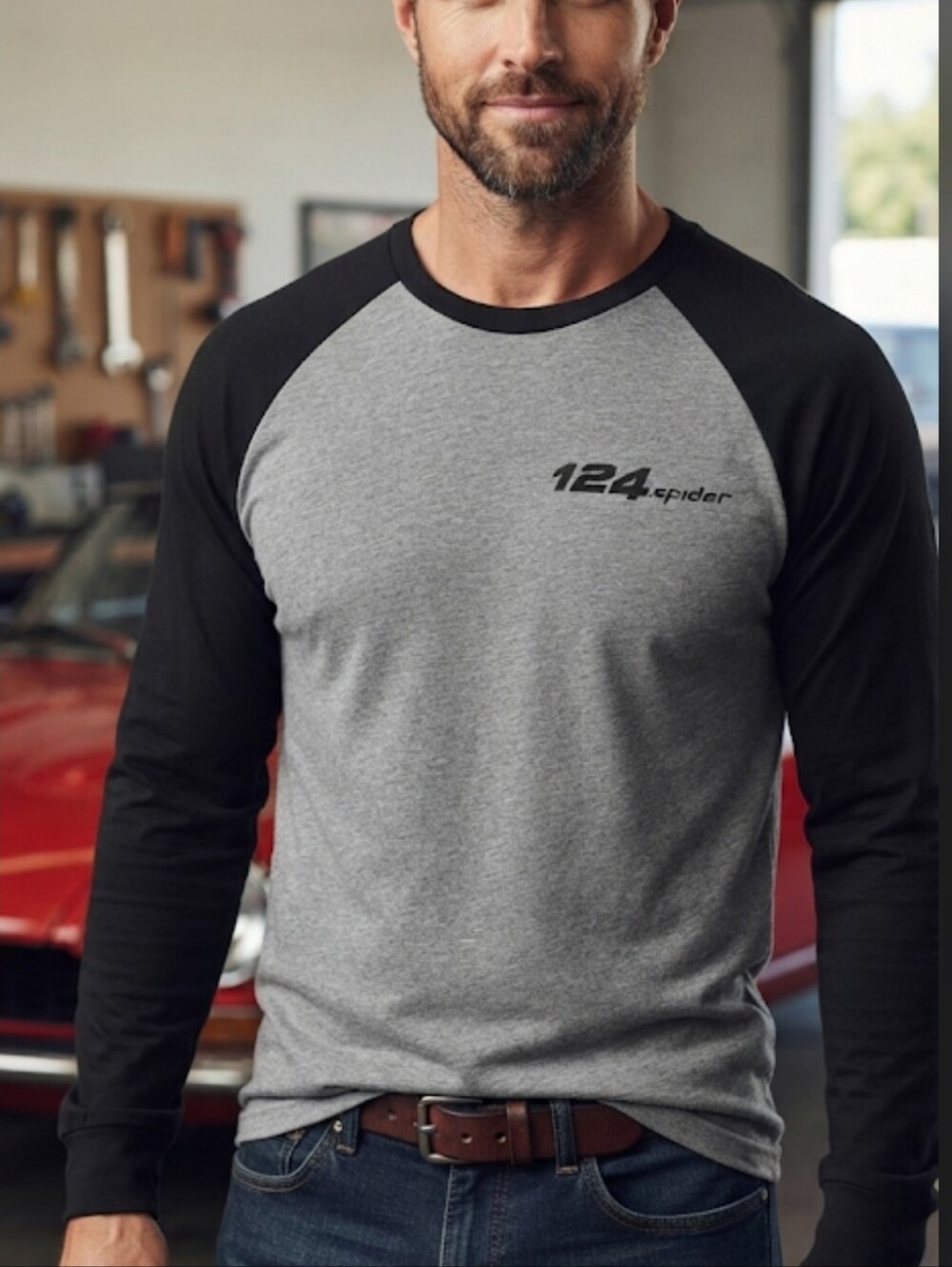 Genuine Fiat 124 Spider Raglan Long Sleeve  Shirt - Gray & Black Unisex Size S